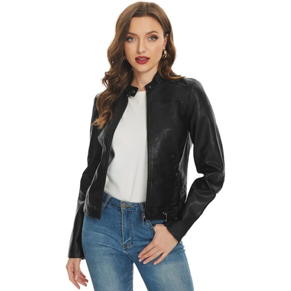 Women's Faux Leather Jackets Motorcycle PU Moto Biker Outwear Coat Jet Black - Picture 2 of 5